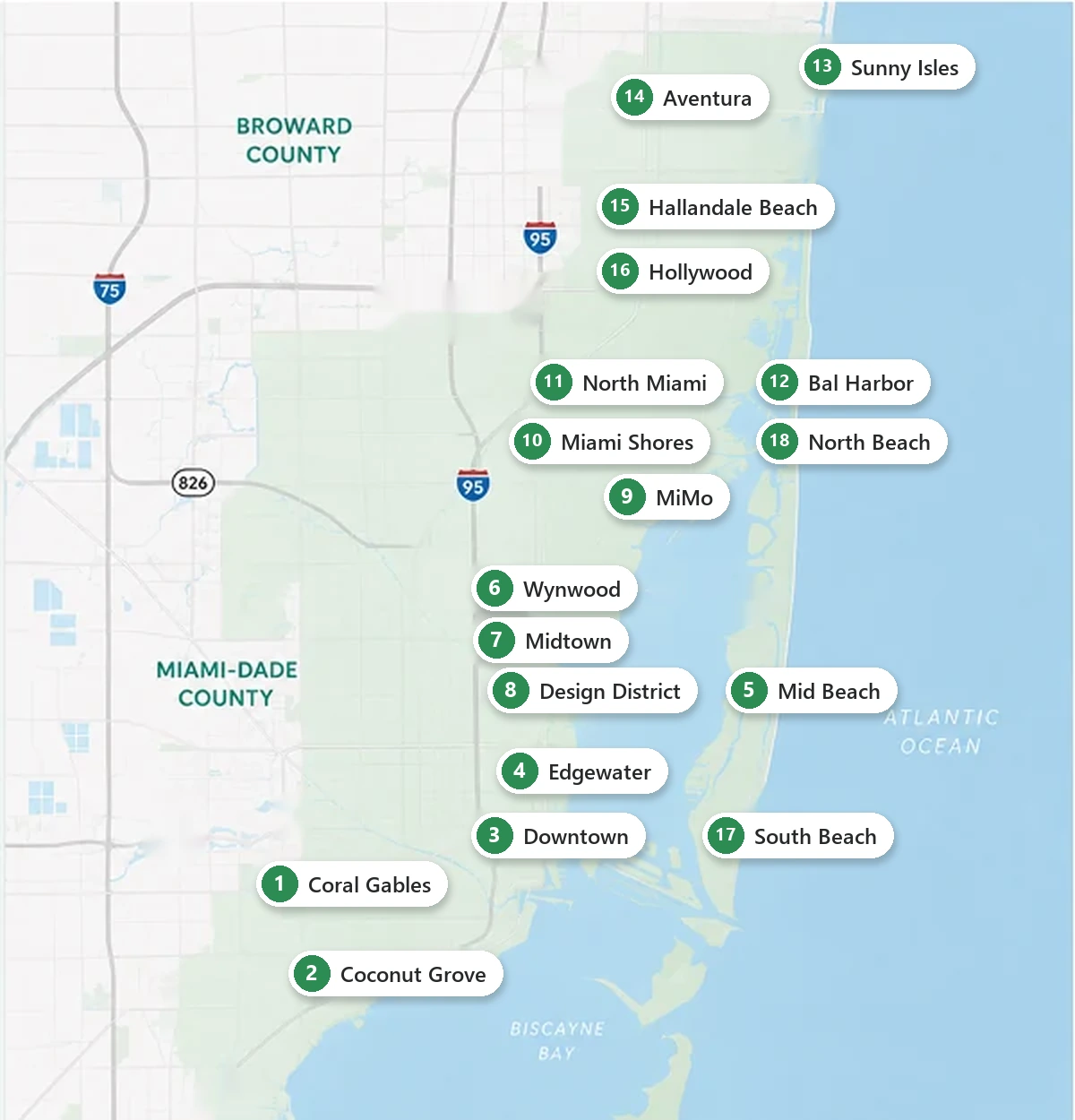 Map of the Miami-Dade and Broward neighborhoods served by Integrated Physical Therapy