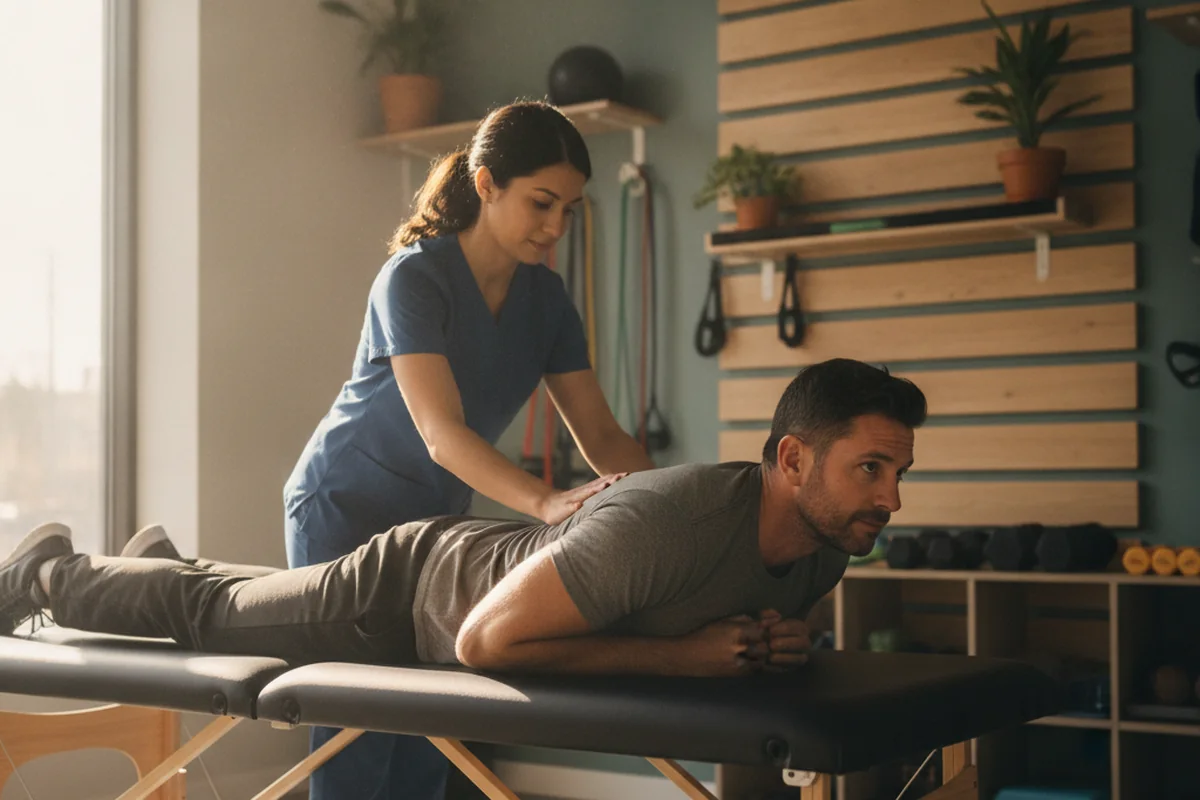A physical therapist guiding a client through a back extension exercise in a Hallandale clinic
