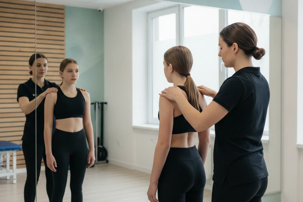 A Schroth-certified therapist guiding a client through a rotational breathing exercise in North Miami