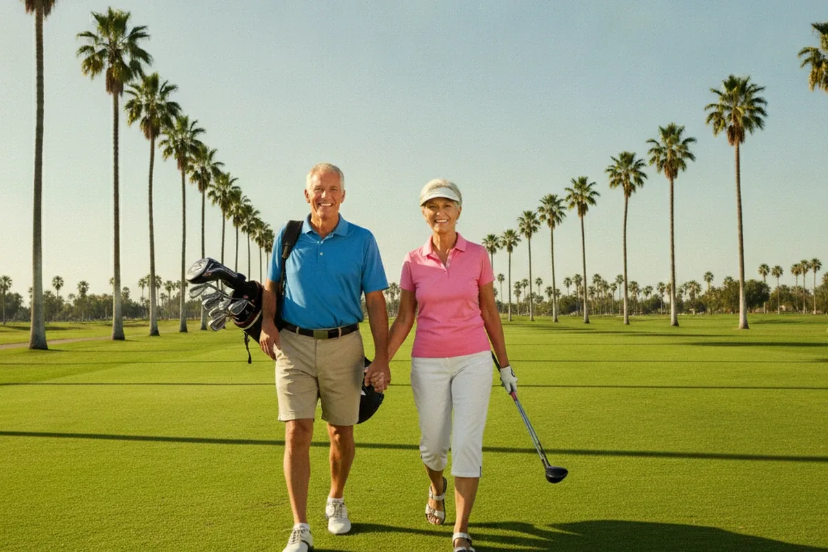 An active older couple walking a palm-lined Miami golf course
