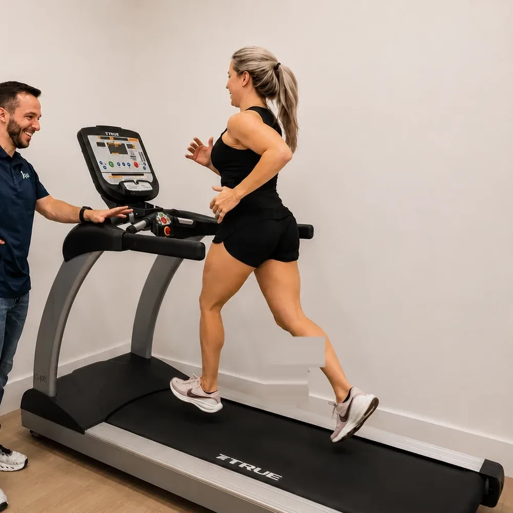 Therapist working with a client on running rehab