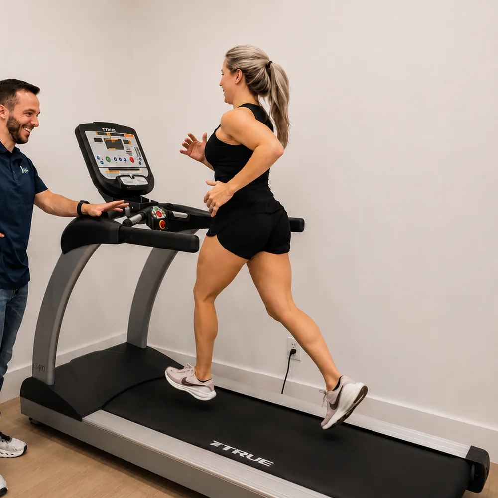Therapist working with a client on running rehab