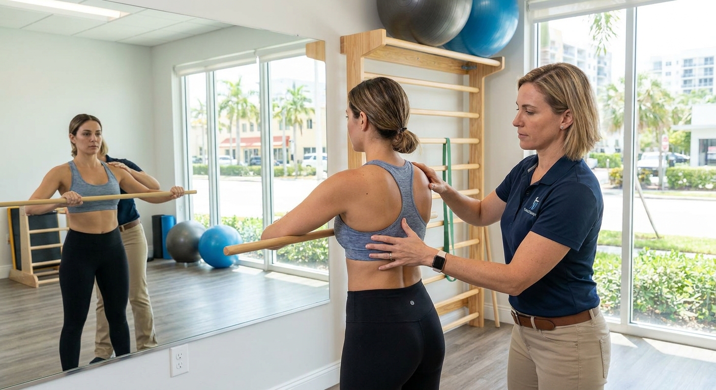 Schroth Method therapy session for uneven shoulder alignment in Hallandale